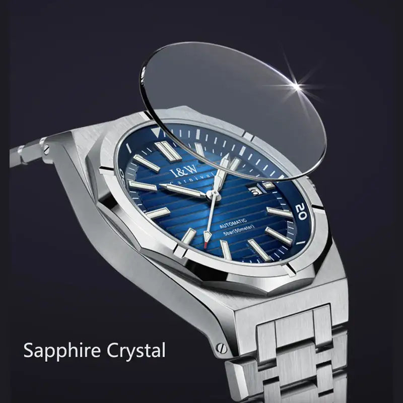 Silver-toned men’s watch with blue textured dial, sapphire crystal, Japan Miyota automatic mechanical movement
