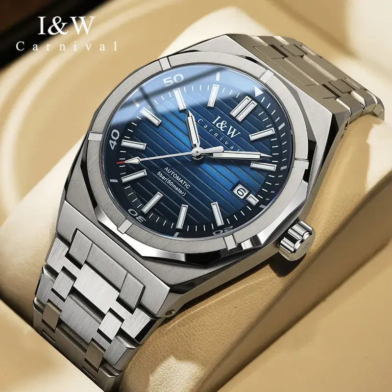 Silver-toned stainless steel automatic mechanical wristwatch with textured blue dial Japan Miyota