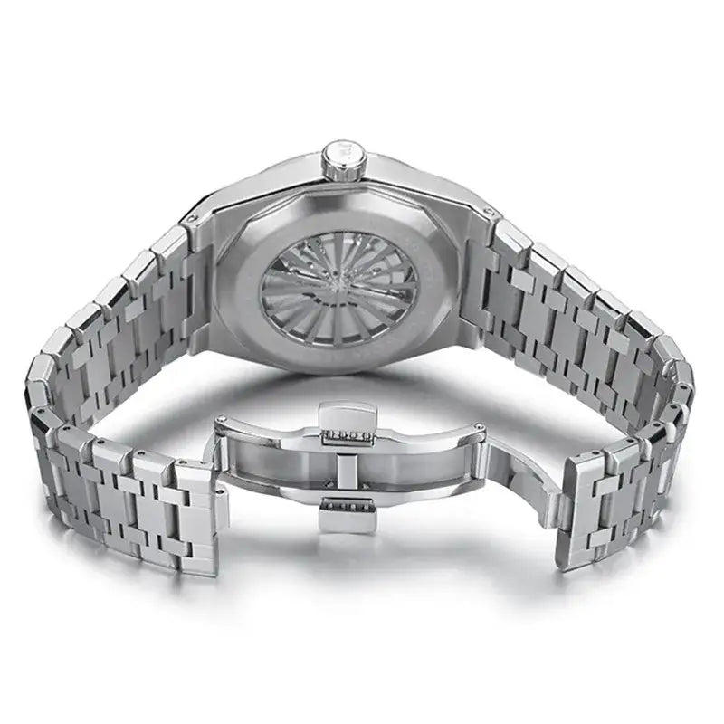 Silver-tone stainless steel automatic mechanical watch with exhibition case back and butterfly clasp