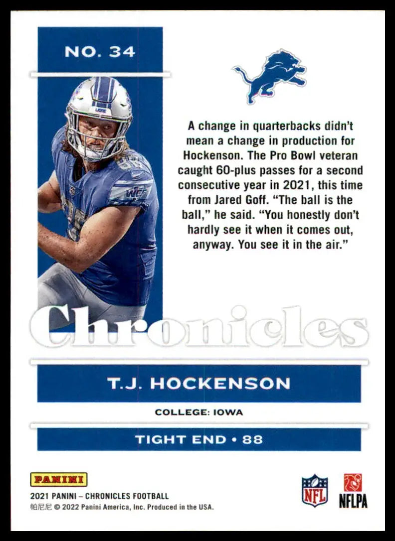 T.J. Hockenson football card from Panini Chronicles 2021 Detroit Lions collection