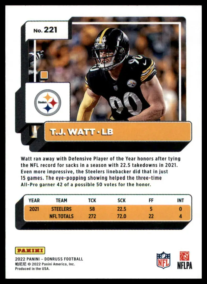 Football trading card of T J Watt from 2022 Donruss Pittsburgh Steelers series