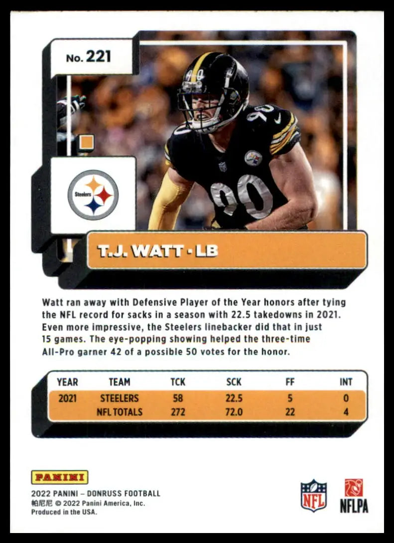T.J. Watt 2022 Donruss football card featuring Pittsburgh Steelers player