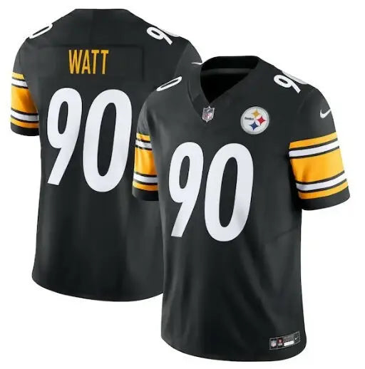Black Pittsburgh Steelers T.J. Watt Nike Vapor F.U.S.E. Limited Jersey with yellow and white sleeve stripes
