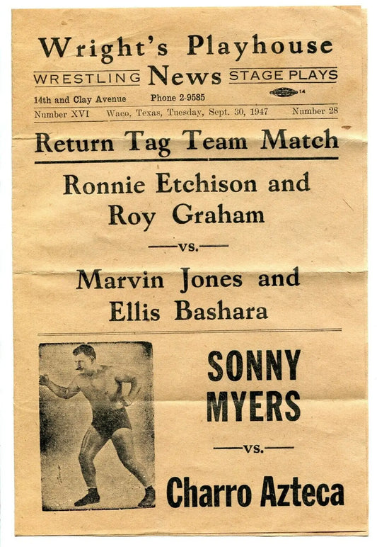 Vintage wrestling advertisement for Tag Team 1947 featuring Wrights Playhouse in Waco TX