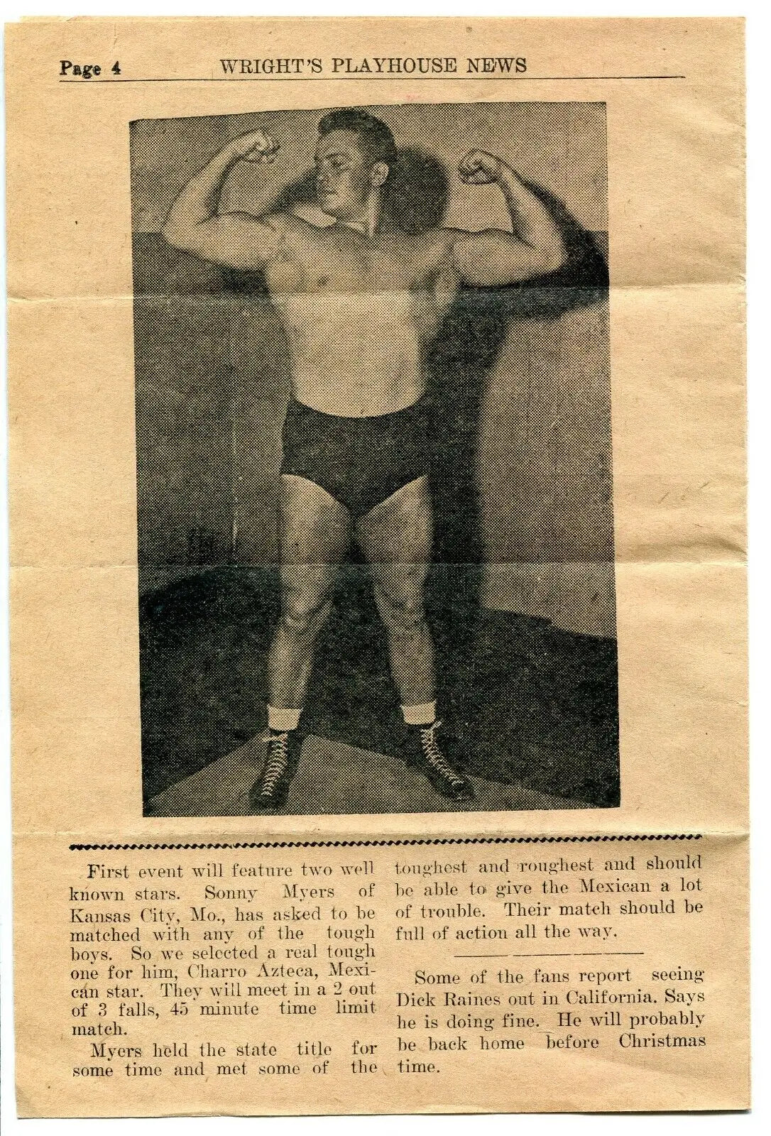 Vintage wrestling news clipping featuring Tag Team and Dr Pepper 7Up ad from 1947