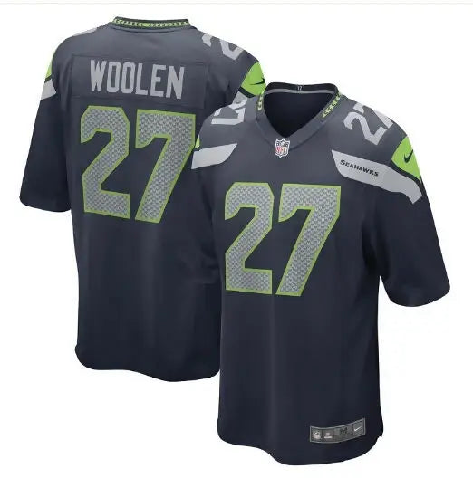 Dark gray Seattle Seahawks Tariq Woolen Nike Game Jersey with green accents