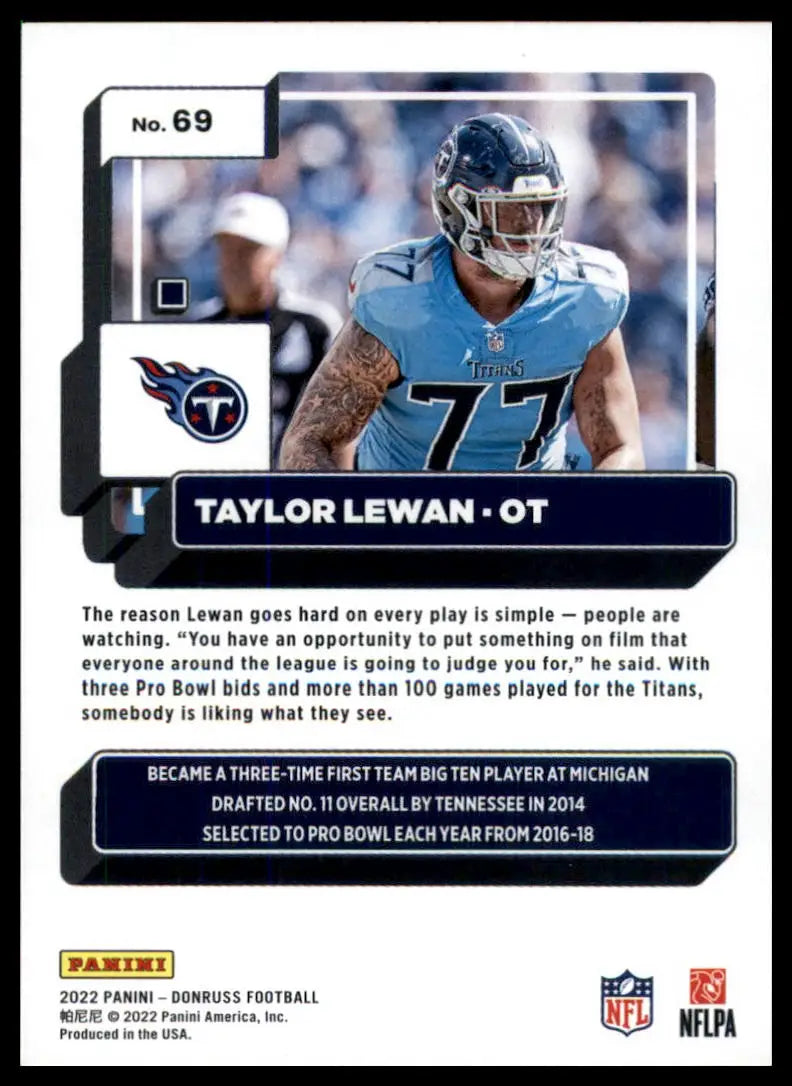 Taylor Lewan 2022 Donruss football trading card featuring Tennessee Titans player