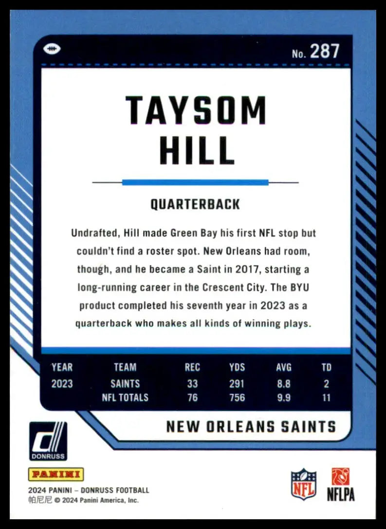 Taysom Hill football card from 2024 Donruss series featuring New Orleans Saints player