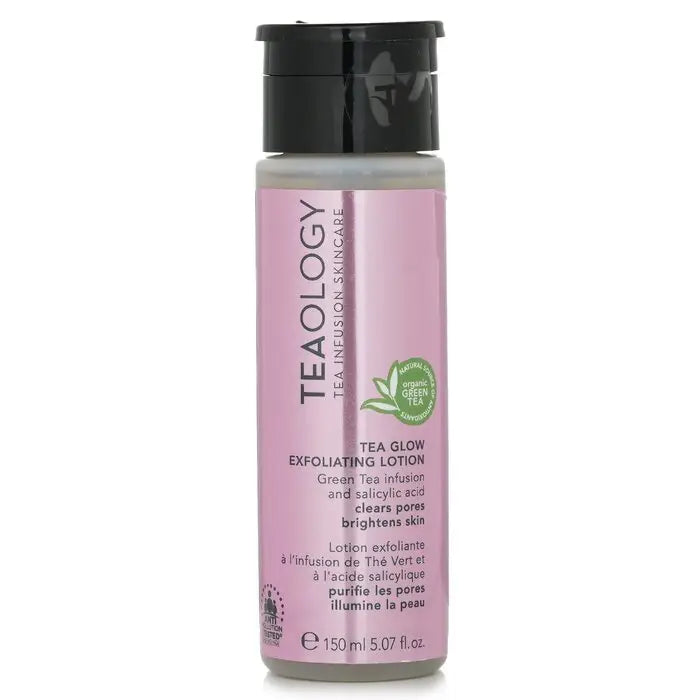 Pink Teaology Tea Glow Exfoliating Lotion with black flip-top cap for excess sebum control