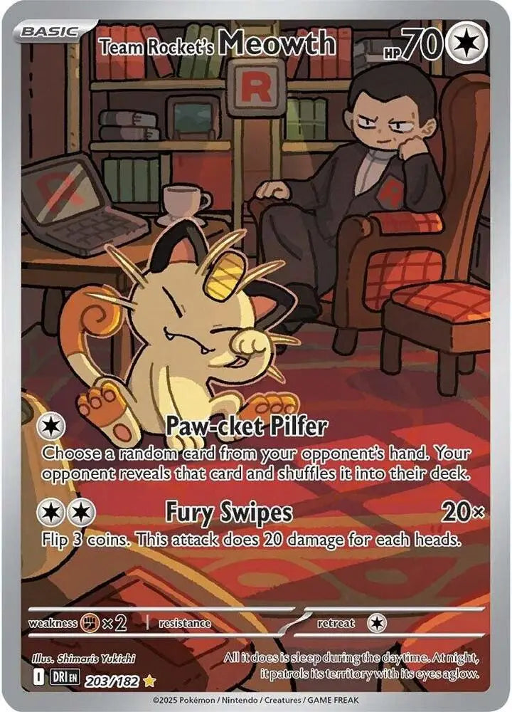 Collectible Pokémon trading card featuring Team Rocket’s Meowth from SV10 Destined Rivals