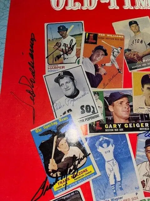 Signed baseball cards collage featuring Ted Williams and Boston Red Sox legends
