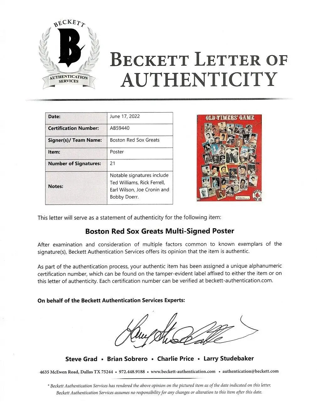 Beckett letter of authenticity for Ted Williams Boston Red Sox signed poster 25 autos