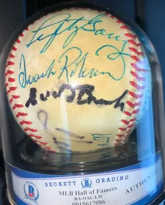 Signed HOF baseball featuring Ted Williams and others in display case