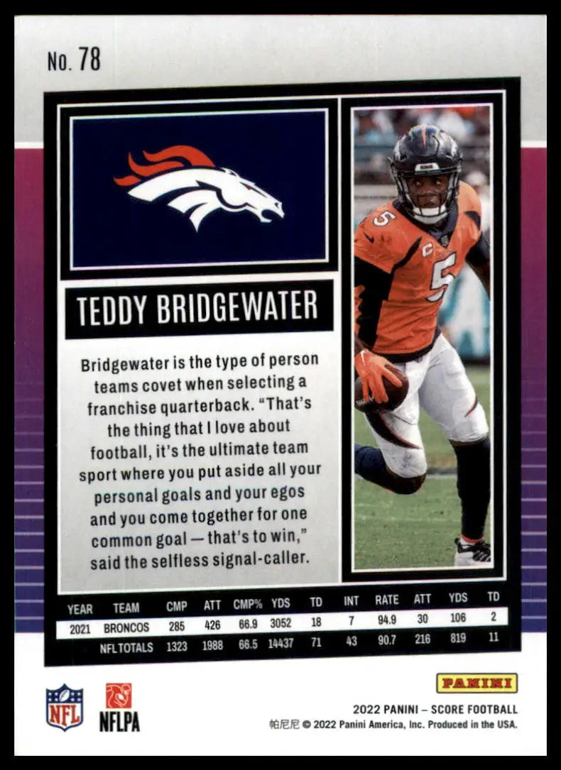 Teddy Bridgewater football card from 2022 Score series featuring Denver Broncos player