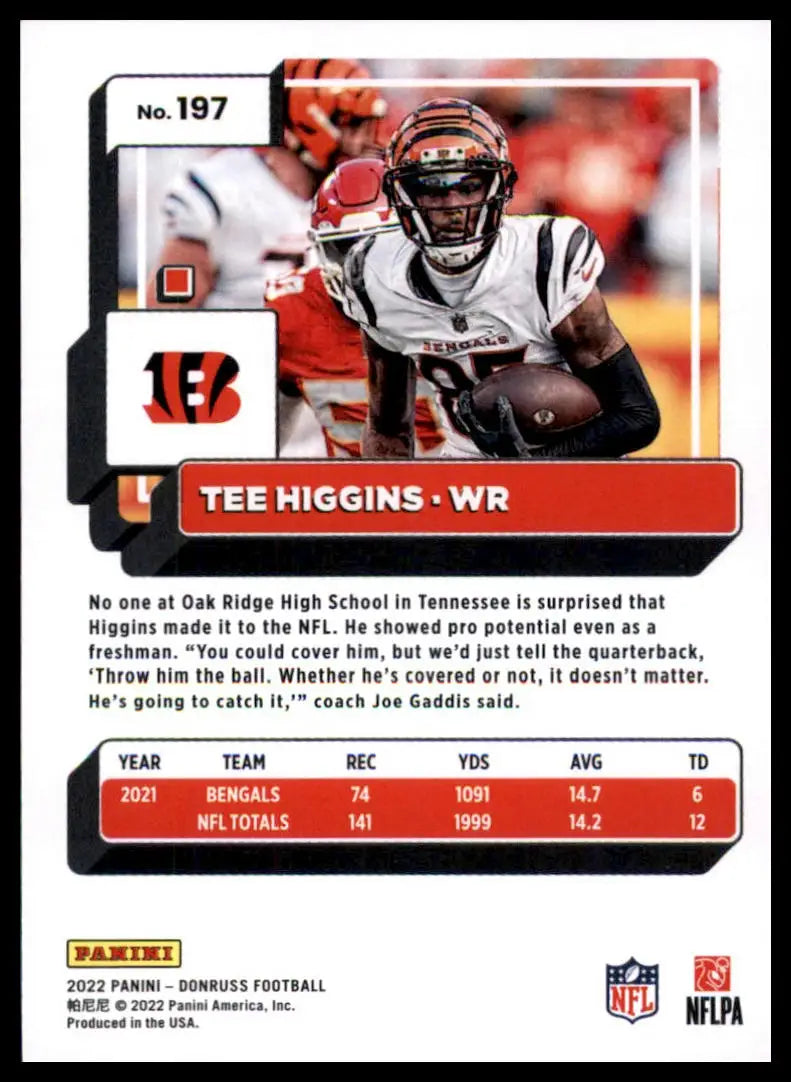 Tee Higgins football card from 2022 Donruss series featuring Cincinnati Bengals player