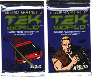 Two TekWar trading card packs featuring William Shatner’s artwork in sealed condition