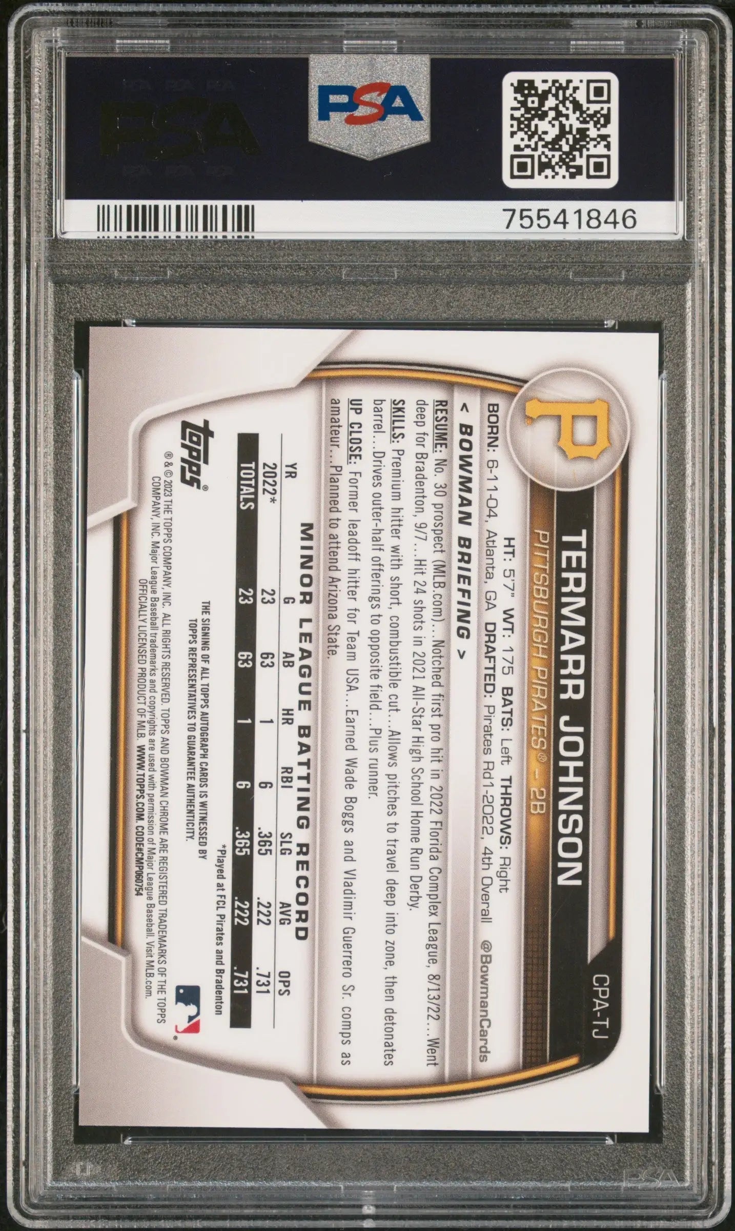 PSA-graded Termarr Johnson 2023 Bowman Chrome Blue Crater Refractor Auto in holder