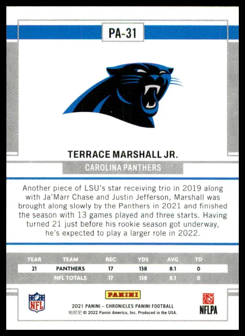 Terrace Marshall Jr. football card from Panini Chronicles 2021 Carolina Panthers collection
