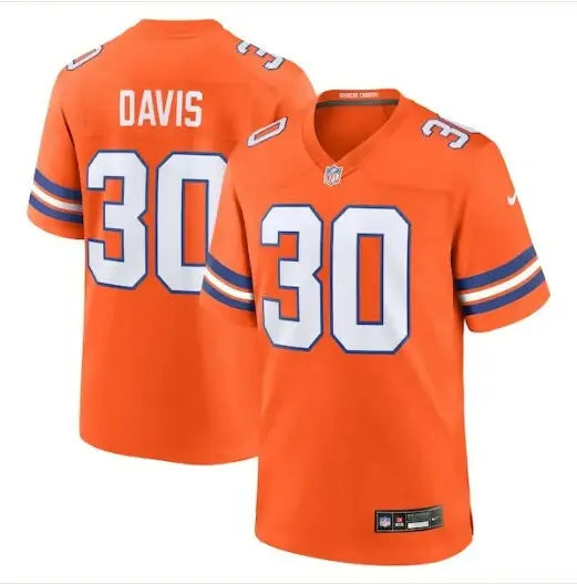 Orange and blue Denver Broncos football jersey with number 30 from the Nike Mile High Collection