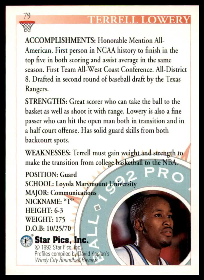 Terrell Lowery Star Pics basketball card from 1992 Loyola Marymount University Lions
