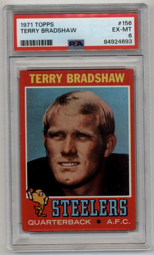 PSA 6 Excellent-Mint Terry Bradshaw 1971 Topps rookie trading card in protective case