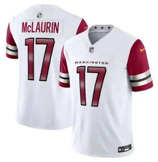 White football jersey with burgundy sleeves and numbers, Terry McLaurin Washington Commanders Nike Vapor FUSE jersey