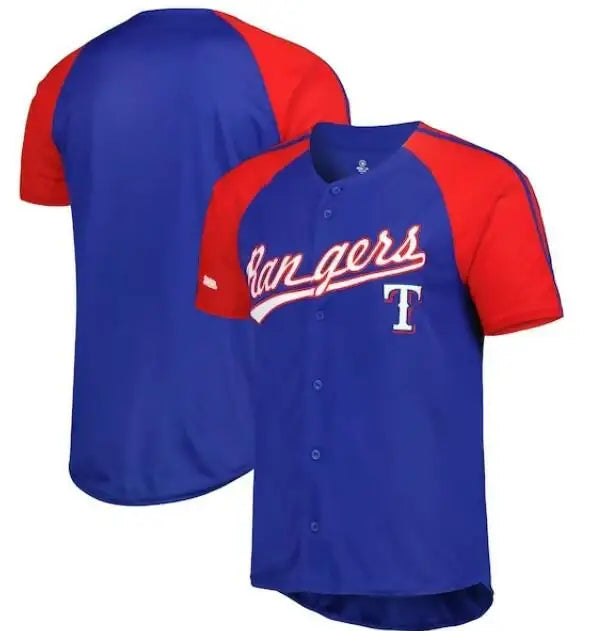 Blue and red Texas Rangers Stitches button-down raglan fashion jersey