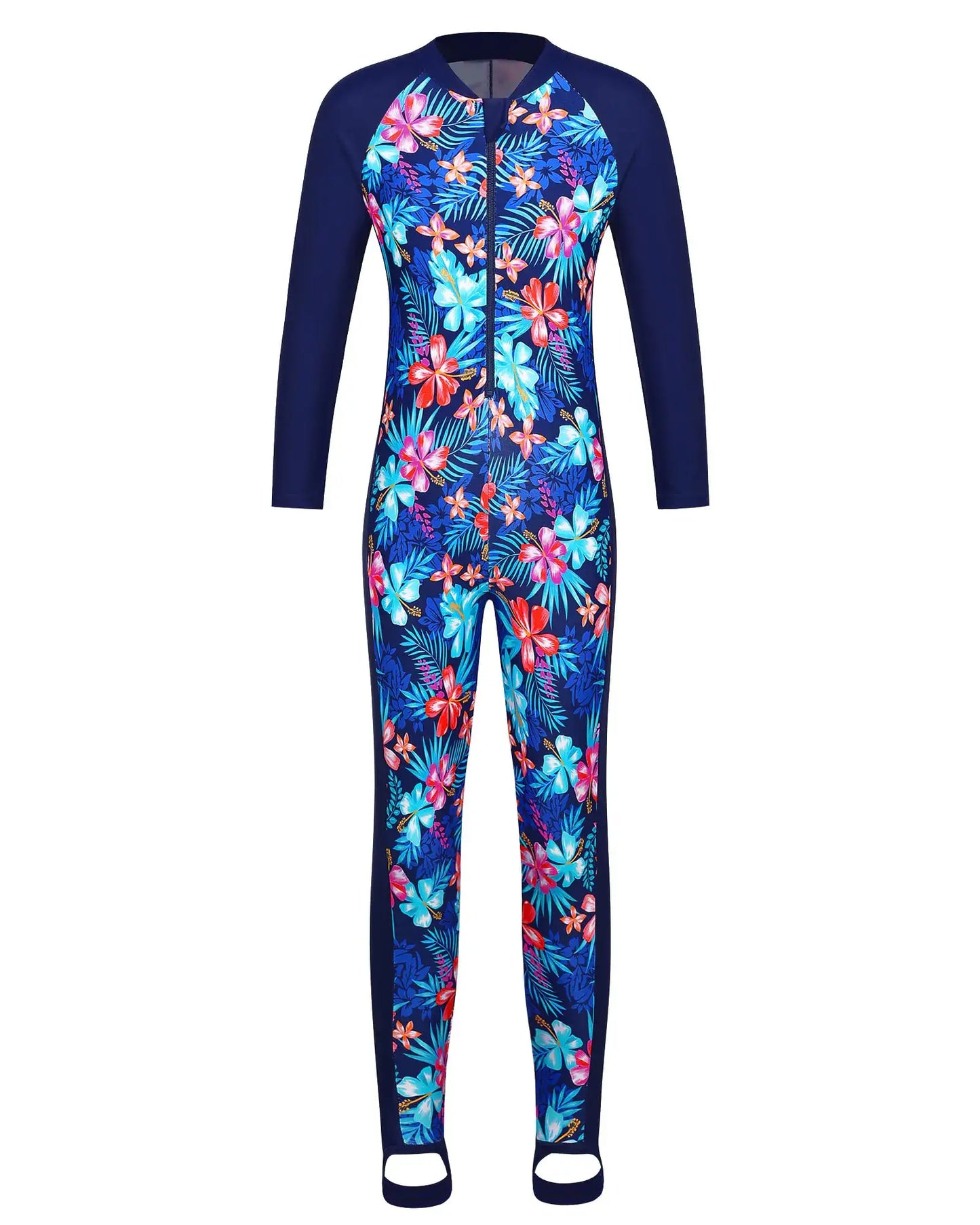 Floral-patterned long-sleeve girls swimsuits with stirrups and UV 50+ protection