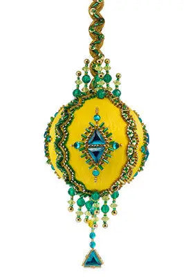 Vibrant yellow ornate beaded ornament with turquoise and green accents from The Cracker Box ornament kits