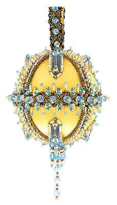 Beaded gold cracker box Christmas ornament with hanging loop and tassel, vintage ornament kit