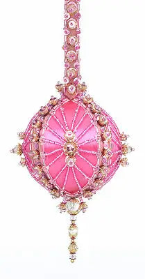 Ornate pink beaded Christmas ornament from Cracker Box ornament kits, Golden Oldie