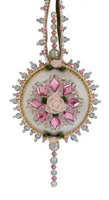 Ornate handcrafted ornament from The Cracker Box Gypsy Jewels Desert Sunset kit with pink and clear jewels