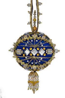 Ornament kit featuring an ornate blue and gold Christmas ornament with beads and reflective accents from The Cracker Box Gypsy Jewels Golden Oldie Ornament Kit