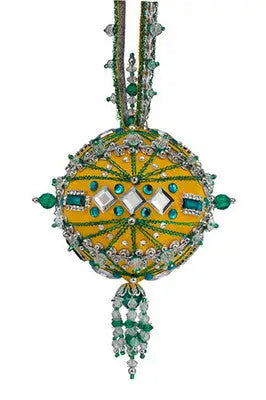 Vibrant yellow and green beaded ornament with mirrored accents and tassels from Cracker Box ornament kit