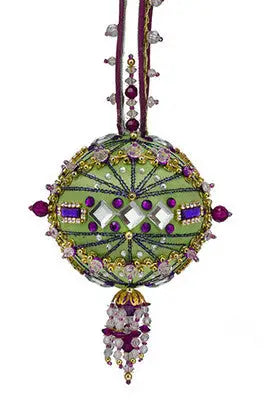 Ornament kit featuring an ornate beaded green and purple Christmas ornament from The Cracker Box Gypsy Jewels