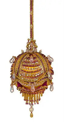 Ornate golden and crimson beaded Christmas ornament with crystal ball accents from Cracker Box