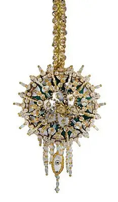 Ornate crystal ball chandelier Christmas ornament from Cracker Box Inc with gold and green details