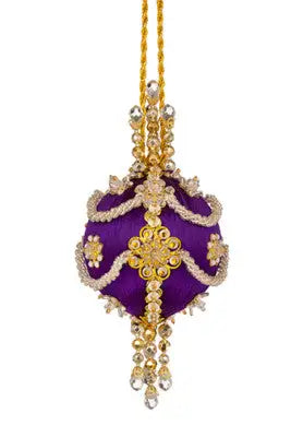 Ornate purple and gold beaded Christmas ornament with dangling crystals from Cracker Box Diamond Twinkle kit