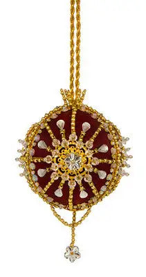 Ornate red and gold beaded Christmas ornament with jewel accents from The Cracker Box ornament kit