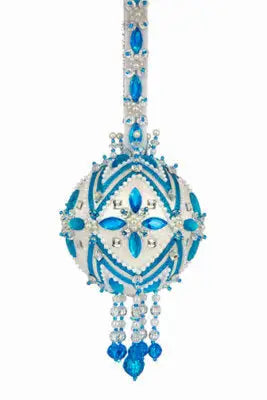 White and blue Christmas ornament with jewels and tassels from The Cracker Box holiday festival kit