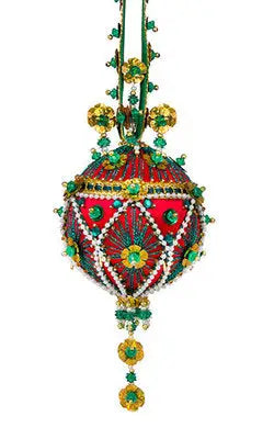 Ornate red and green beaded Christmas ornament from The Cracker Box Inc Court Jester kit