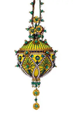 Ornate yellow and green beaded Christmas ornament from The Cracker Box Inc Court Jester kit