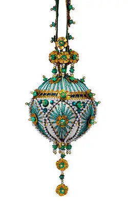 Teal and gold beaded Christmas ornament from Cracker Box ornament kits