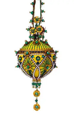 Ornate yellow and green beaded ornament from Cracker Box Inc. Christmas ornament kits