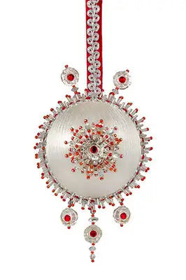 Christmas ornament from The Cracker Box Inc Court Jester Silver featuring white silver and red jewel accents