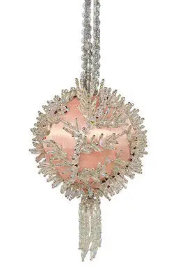 Pink satin and clear beaded Christmas ornament with tassel from Cracker Box Icy Forest Baby Pink Iris