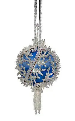 Blue and clear beaded Christmas ornament with tassel from Cracker Box Icy Forest kit