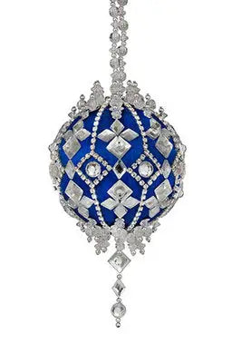 Ornate blue and silver Christmas ornament from Cracker Box Icy Forest ornament kits
