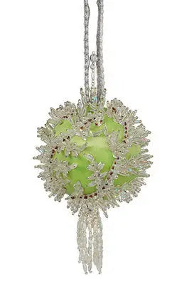 Decorative green ornament with beaded embellishments and tassel from Cracker Box Christmas ornament kits