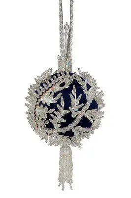 Navy blue ornament with silver beaded leaf patterns and tassel from The Cracker Box Icy Forest Christmas ornament kit